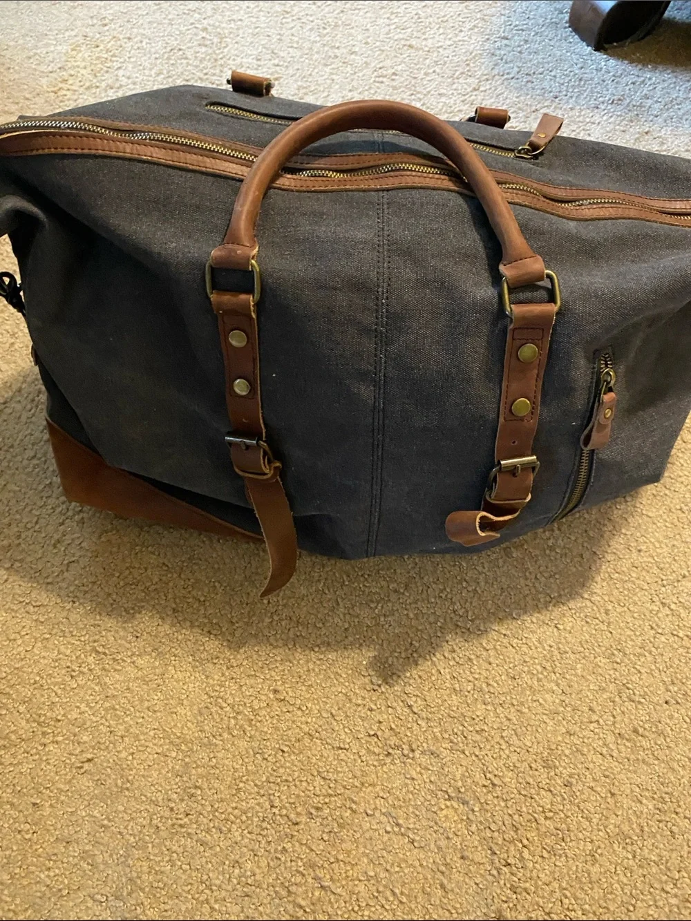 S-Zone Classic Gray Canvas Duffel with Brown Leather Accents